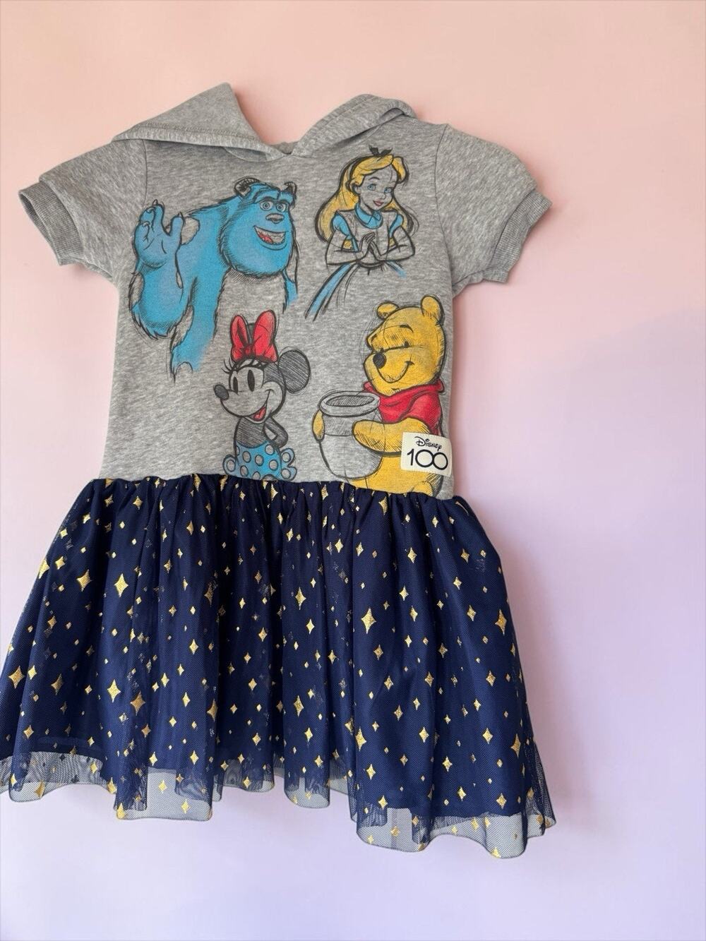 Disney 100 Girls Hooded Graphic Fit & Flare Dress S (6/6X) Tulle Glitter Hooded